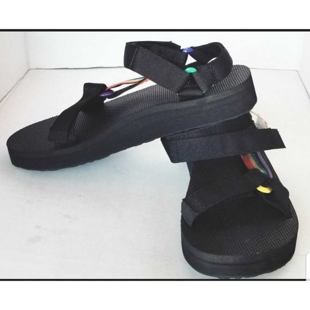 TEVA Mens 10 Black Mid Universal Pride Platform Adjustable Sandal Rainbow NEW